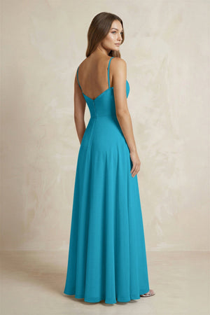 A - Line Cami Strap Chiffon Bridesmaid Dress With Slit in Blue Jay - KissProm Bridesmaid Dresses