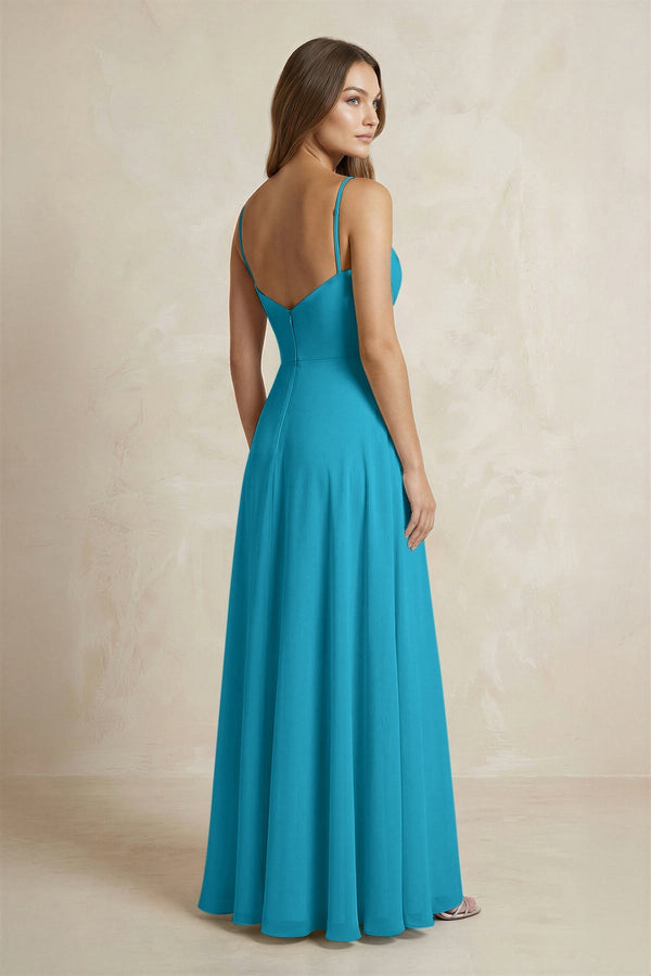 A - Line Cami Strap Chiffon Bridesmaid Dress With Slit in Blue Jay - KissProm Bridesmaid Dresses