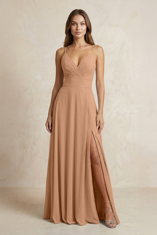 A - Line Cami Strap Chiffon Bridesmaid Dress With Slit in Bronzer - KissProm Bridesmaid Dresses