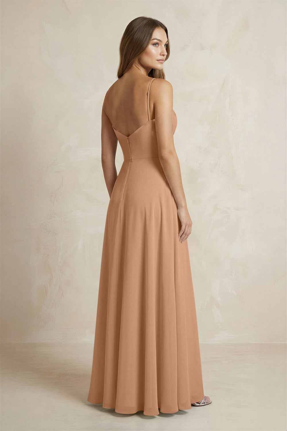 A - Line Cami Strap Chiffon Bridesmaid Dress With Slit in Bronzer - KissProm Bridesmaid Dresses