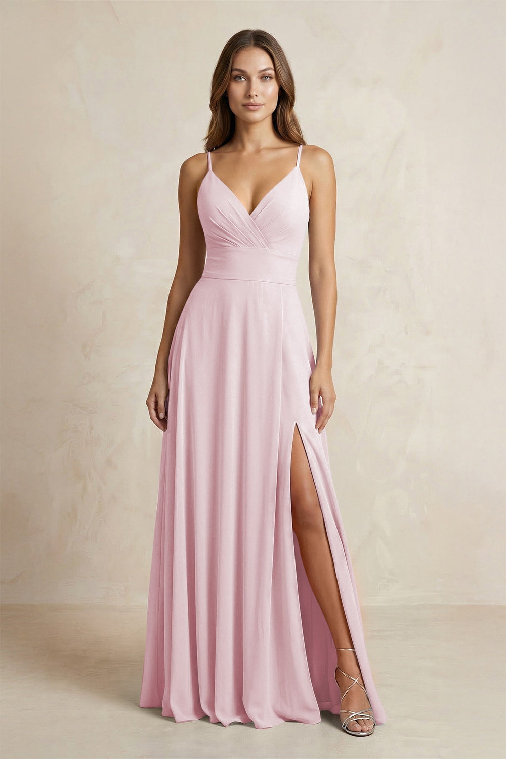 A - Line Cami Strap Chiffon Bridesmaid Dress With Slit in Candy Pink - KissProm Bridesmaid Dresses