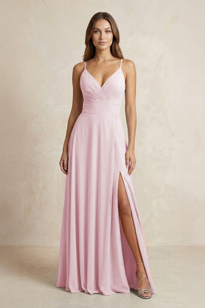 A - Line Cami Strap Chiffon Bridesmaid Dress With Slit in Candy Pink - KissProm Bridesmaid Dresses