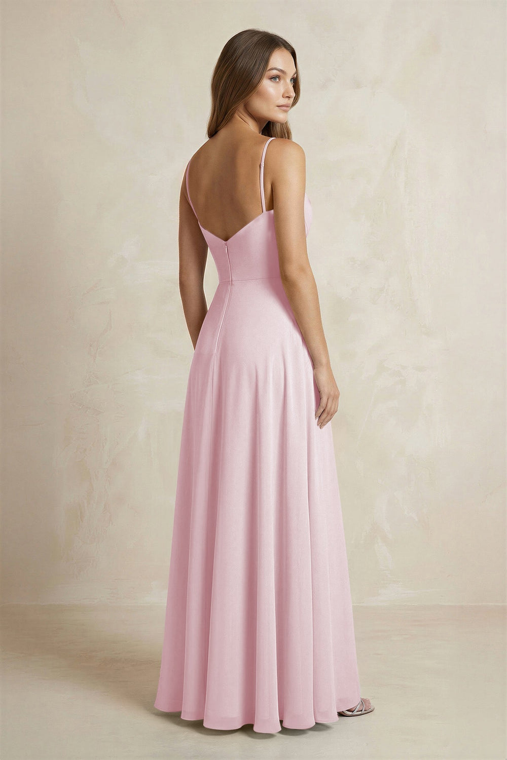 A - Line Cami Strap Chiffon Bridesmaid Dress With Slit in Candy Pink - KissProm Bridesmaid Dresses