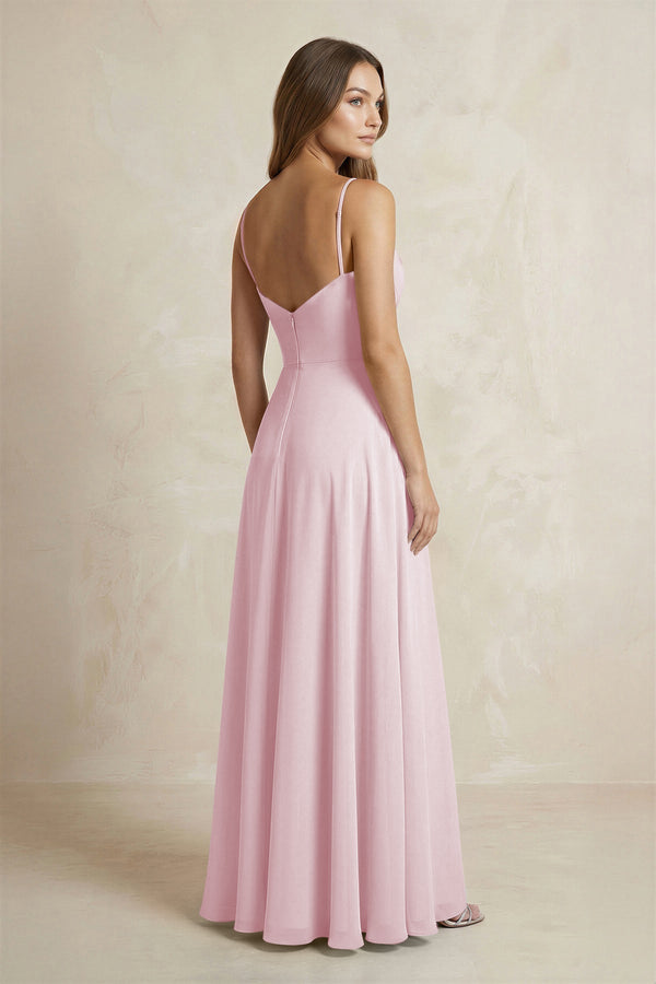 A - Line Cami Strap Chiffon Bridesmaid Dress With Slit in Candy Pink - KissProm Bridesmaid Dresses