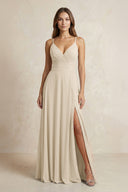 A - Line Cami Strap Chiffon Bridesmaid Dress With Slit in Champagne - KissProm Bridesmaid Dresses