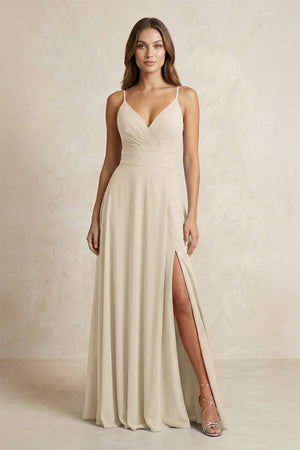 A - Line Cami Strap Chiffon Bridesmaid Dress With Slit in Champagne - KissProm Bridesmaid Dresses