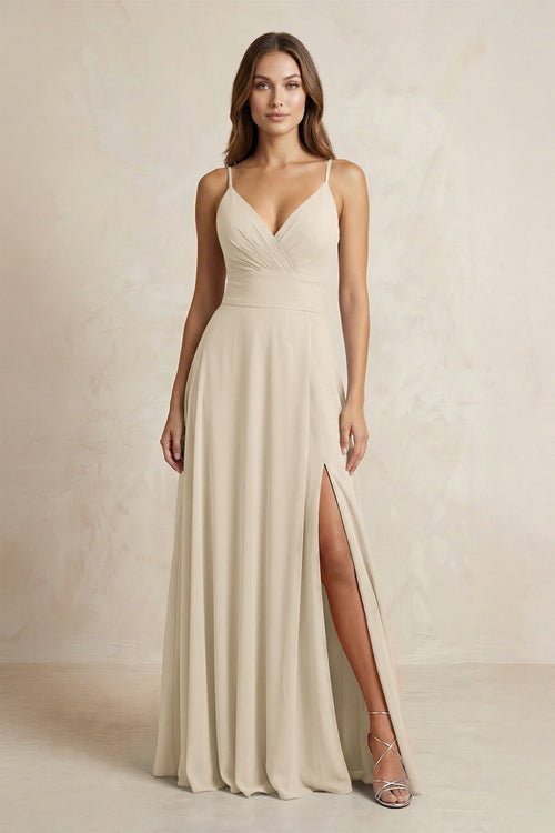 A - Line Cami Strap Chiffon Bridesmaid Dress With Slit in Champagne - KissProm Bridesmaid Dresses