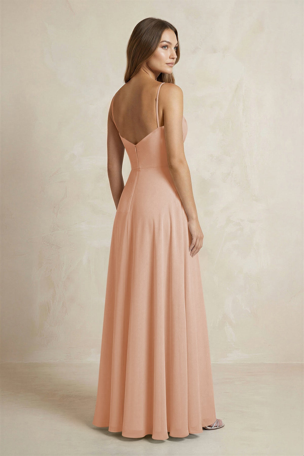A - Line Cami Strap Chiffon Bridesmaid Dress With Slit in Champagne Rose - KissProm Bridesmaid Dresses