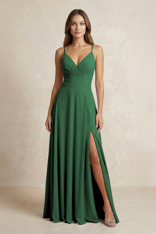 A - Line Cami Strap Chiffon Bridesmaid Dress With Slit in Dark Green - KissProm Bridesmaid Dresses