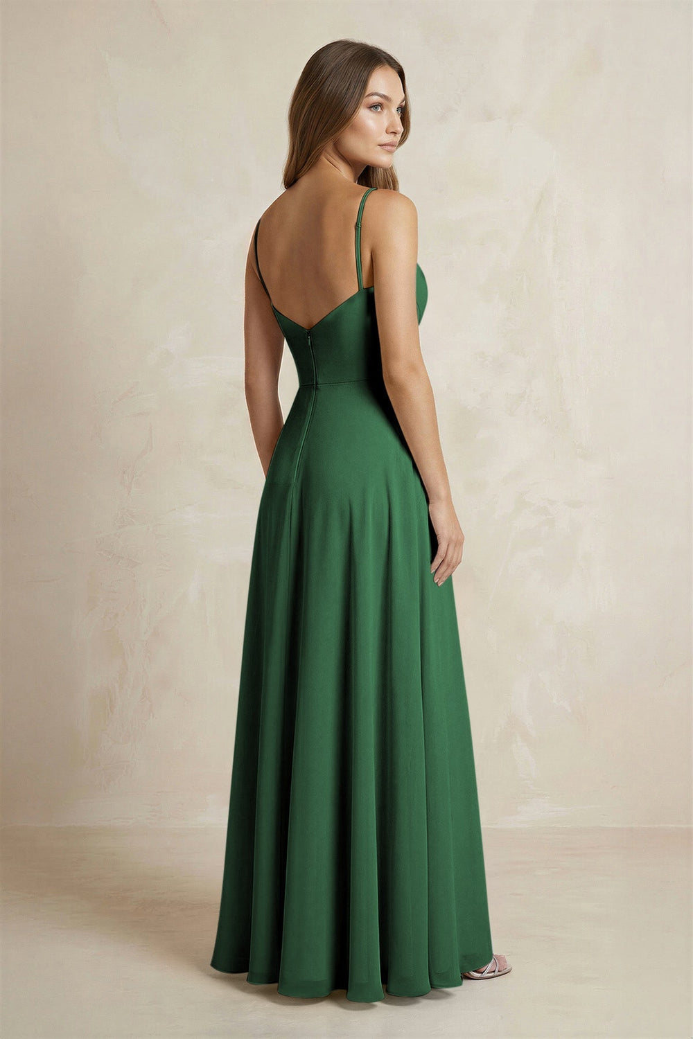 A - Line Cami Strap Chiffon Bridesmaid Dress With Slit in Dark Green - KissProm Bridesmaid Dresses