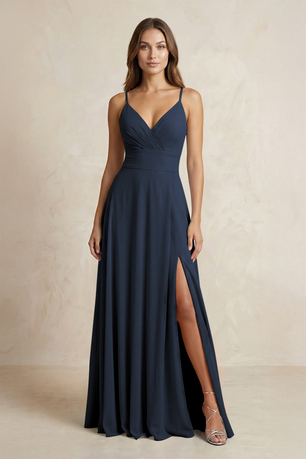 A - Line Cami Strap Chiffon Bridesmaid Dress With Slit in Dark Navy - KissProm Bridesmaid Dresses