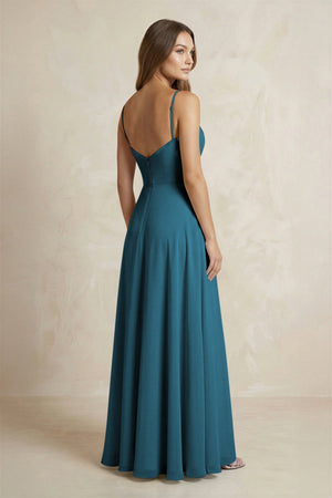 A - Line Cami Strap Chiffon Bridesmaid Dress With Slit in Dark Teal - KissProm Bridesmaid Dresses