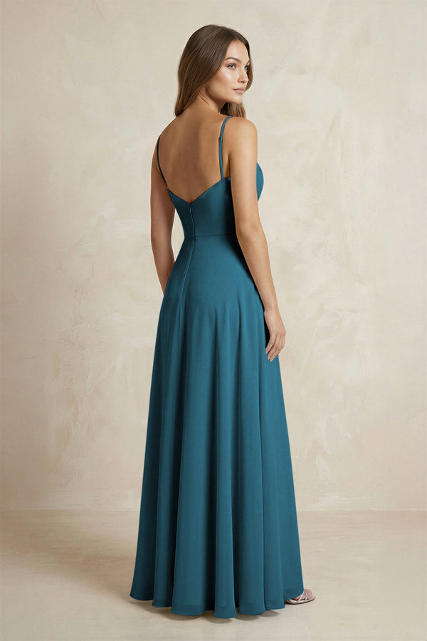 KissProm | Cami Strap A-Line Chiffon Bridesmaid Dress With Slit in Dark Teal KissProm | Cami Strap A-Line Chiffon Bridesmaid Dress With Slit in Dark Teal