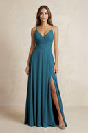 A - Line Cami Strap Chiffon Bridesmaid Dress With Slit in Dark Teal - KissProm Bridesmaid Dresses