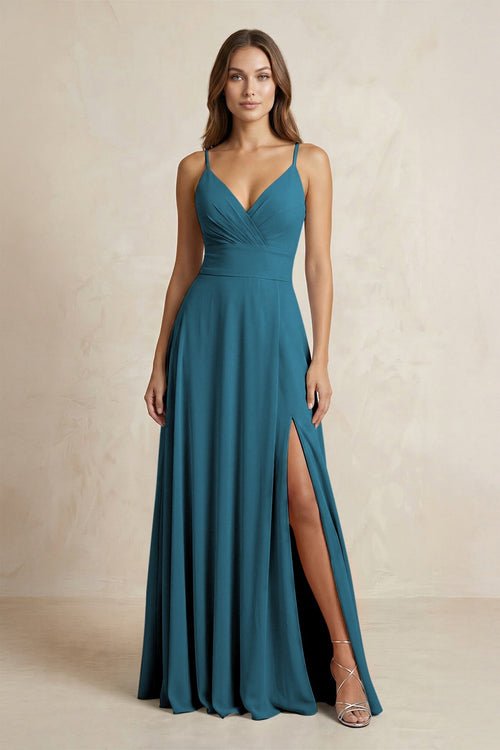 A - Line Cami Strap Chiffon Bridesmaid Dress With Slit in Dark Teal - KissProm Bridesmaid Dresses