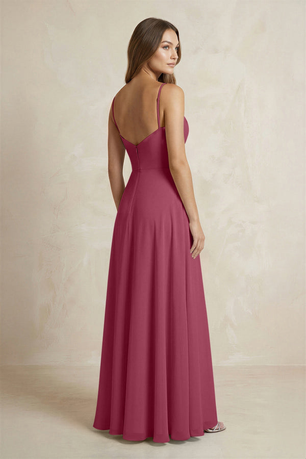 A - Line Cami Strap Chiffon Bridesmaid Dress With Slit in Desert Rose - KissProm Bridesmaid Dresses