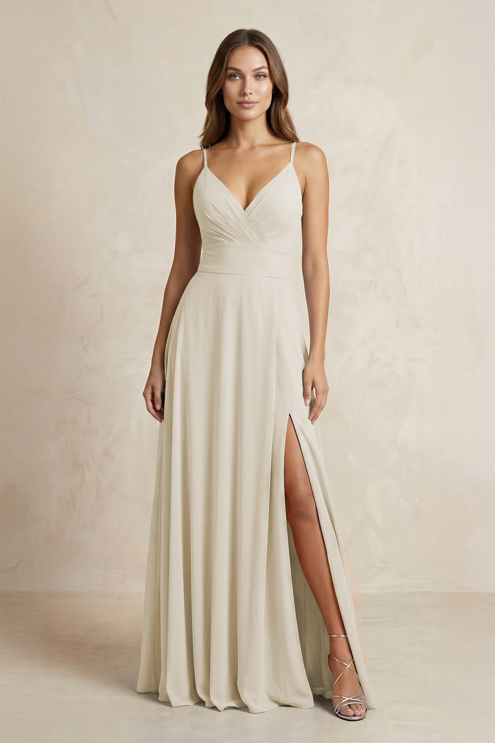 A - Line Cami Strap Chiffon Bridesmaid Dress With Slit in Dove Gray - KissProm Bridesmaid Dresses