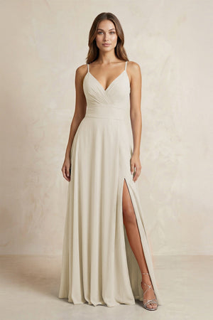 A - Line Cami Strap Chiffon Bridesmaid Dress With Slit in Dove Gray - KissProm Bridesmaid Dresses