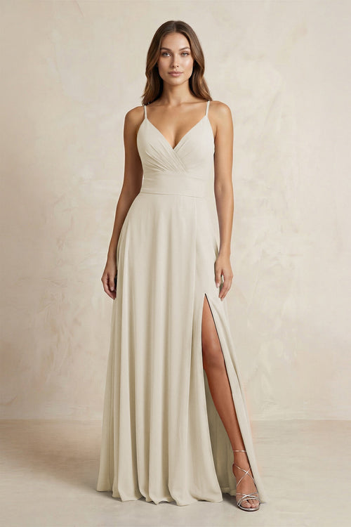 A - Line Cami Strap Chiffon Bridesmaid Dress With Slit in Dove Gray - KissProm Bridesmaid Dresses