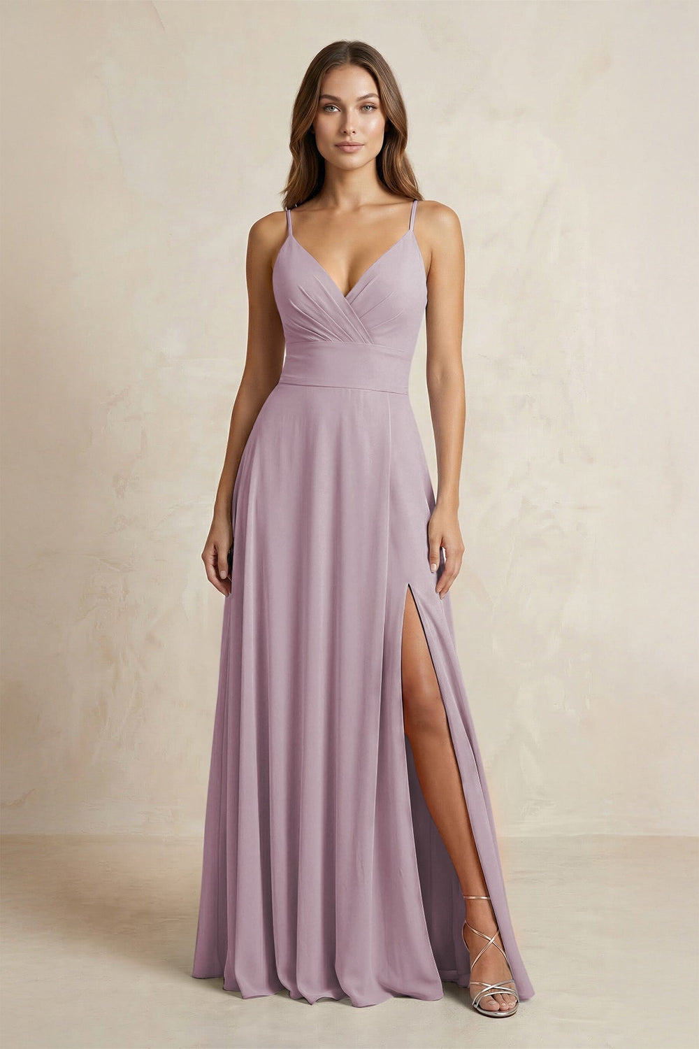 A - Line Cami Strap Chiffon Bridesmaid Dress With Slit in Dusk - KissProm Bridesmaid Dresses