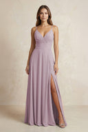 A - Line Cami Strap Chiffon Bridesmaid Dress With Slit in Dusk - KissProm Bridesmaid Dresses