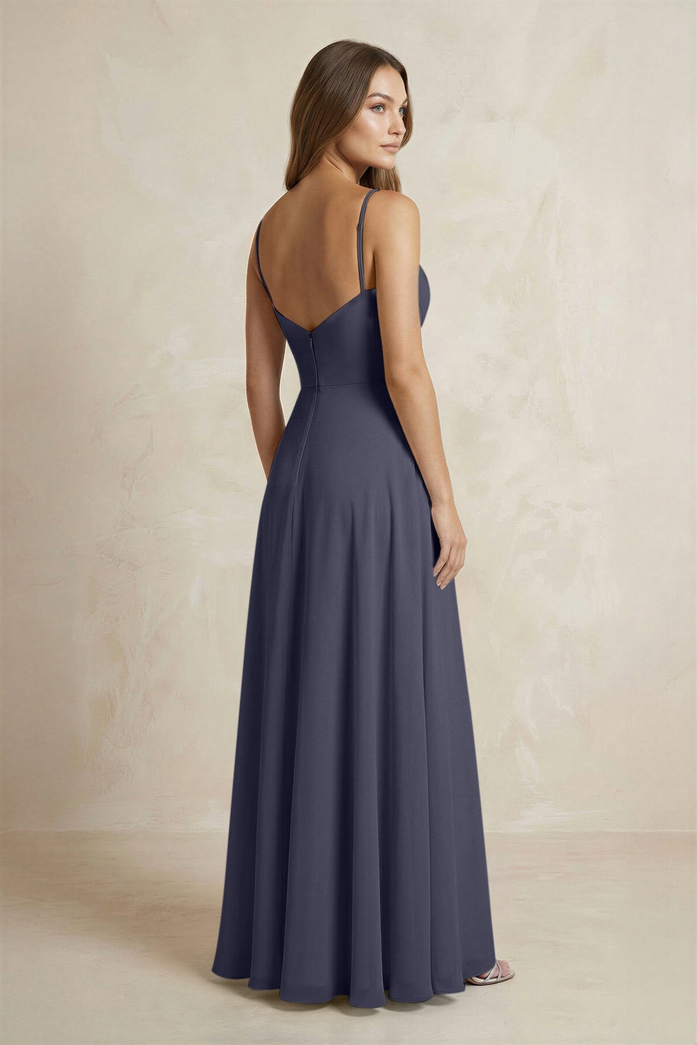A - Line Cami Strap Chiffon Bridesmaid Dress With Slit in Dusk Blue - KissProm Bridesmaid Dresses