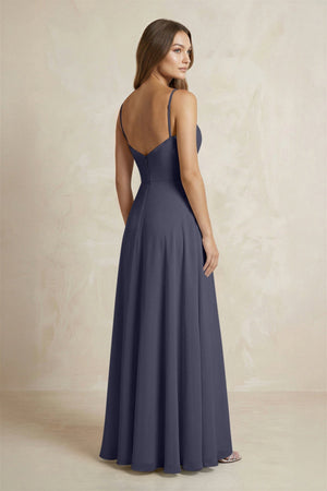 A - Line Cami Strap Chiffon Bridesmaid Dress With Slit in Dusk Blue - KissProm Bridesmaid Dresses