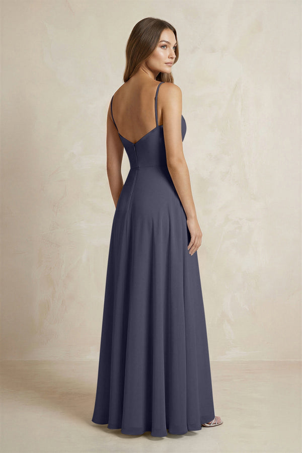 A - Line Cami Strap Chiffon Bridesmaid Dress With Slit in Dusk Blue - KissProm Bridesmaid Dresses