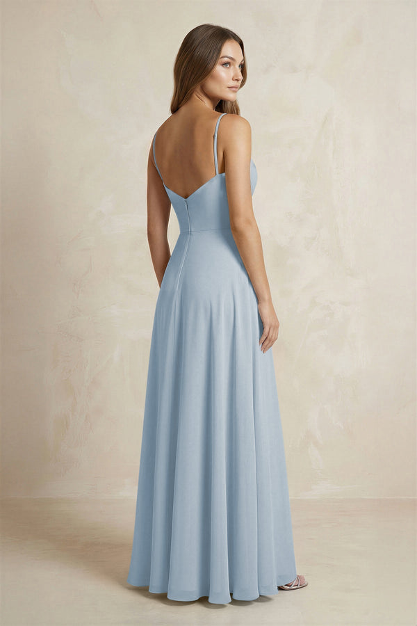 A - Line Cami Strap Chiffon Bridesmaid Dress With Slit in Dusty Blue - KissProm Bridesmaid Dresses