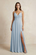 A - Line Cami Strap Chiffon Bridesmaid Dress With Slit in Dusty Blue - KissProm Bridesmaid Dresses