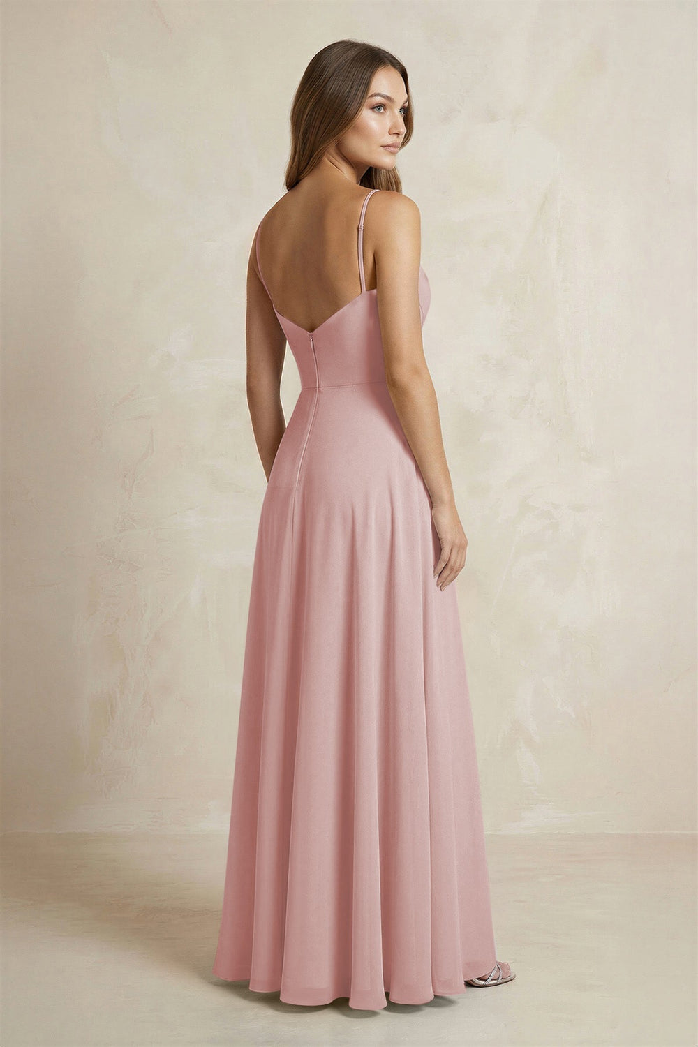 A - Line Cami Strap Chiffon Bridesmaid Dress With Slit in Dusty Rose - KissProm Bridesmaid Dresses