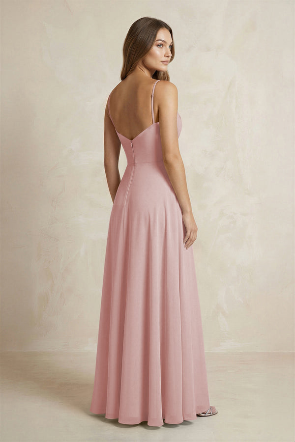 A - Line Cami Strap Chiffon Bridesmaid Dress With Slit in Dusty Rose - KissProm Bridesmaid Dresses