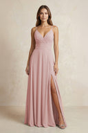 A - Line Cami Strap Chiffon Bridesmaid Dress With Slit in Dusty Rose - KissProm Bridesmaid Dresses