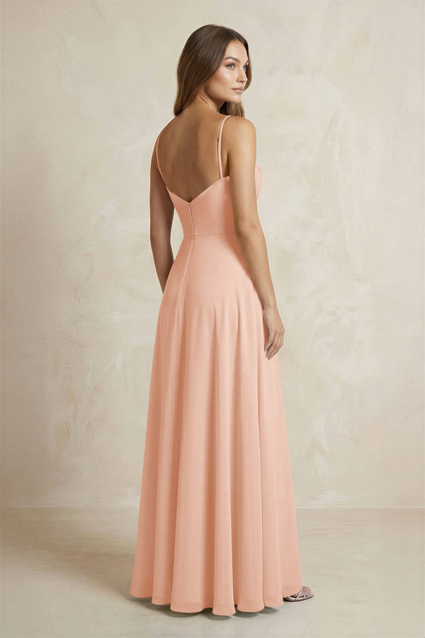 A - Line Cami Strap Chiffon Bridesmaid Dress With Slit in English Rose - KissProm Bridesmaid Dresses