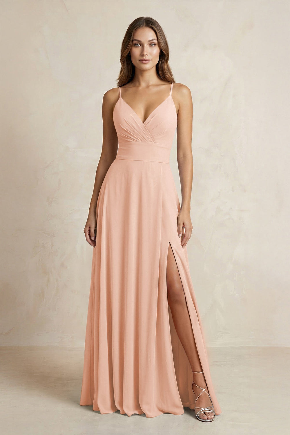 A - Line Cami Strap Chiffon Bridesmaid Dress With Slit in English Rose - KissProm Bridesmaid Dresses