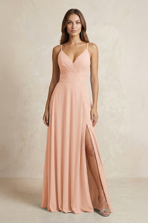 A - Line Cami Strap Chiffon Bridesmaid Dress With Slit in English Rose - KissProm Bridesmaid Dresses
