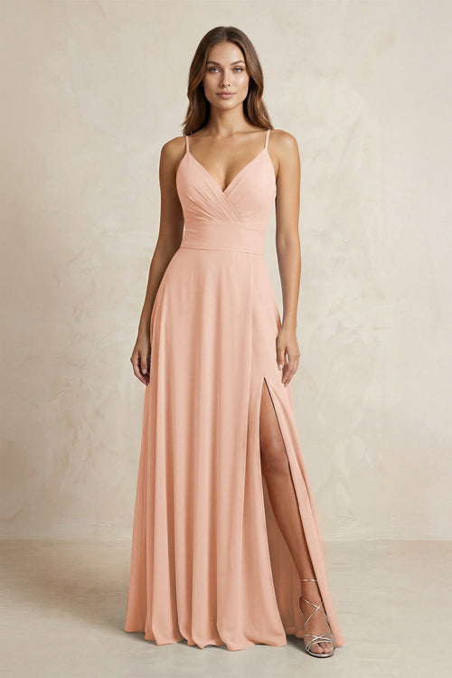 A - Line Cami Strap Chiffon Bridesmaid Dress With Slit in English Rose - KissProm Bridesmaid Dresses