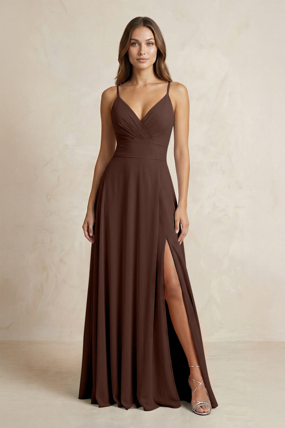 A - Line Cami Strap Chiffon Bridesmaid Dress With Slit in Espresso - KissProm Bridesmaid Dresses