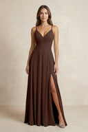 A - Line Cami Strap Chiffon Bridesmaid Dress With Slit in Espresso - KissProm Bridesmaid Dresses