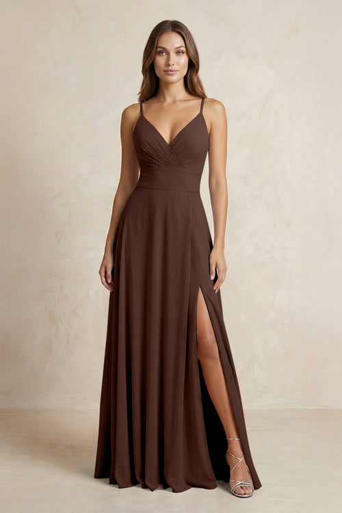A - Line Cami Strap Chiffon Bridesmaid Dress With Slit in Espresso - KissProm Bridesmaid Dresses