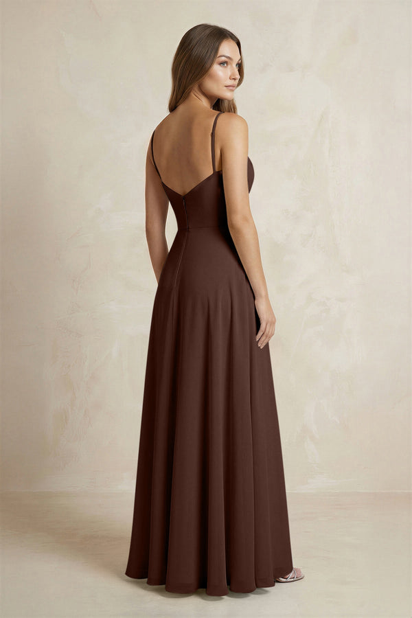 KissProm | Cami Strap A-Line Chiffon Bridesmaid Dress With Slit in Espresso KissProm | Cami Strap A-Line Chiffon Bridesmaid Dress With Slit in Espresso