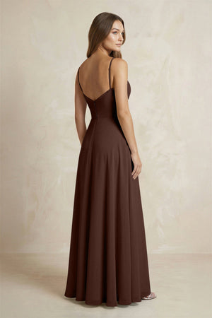 A - Line Cami Strap Chiffon Bridesmaid Dress With Slit in Espresso - KissProm Bridesmaid Dresses