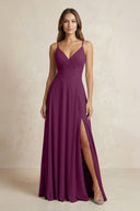 A - Line Cami Strap Chiffon Bridesmaid Dress With Slit in Fig - KissProm Bridesmaid Dresses