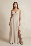 A - Line Cami Strap Chiffon Bridesmaid Dress With Slit in Frost - KissProm Bridesmaid Dresses