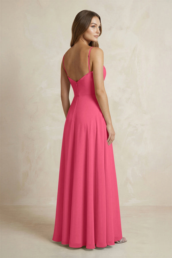 A - Line Cami Strap Chiffon Bridesmaid Dress With Slit in Fuchsia - KissProm Bridesmaid Dresses