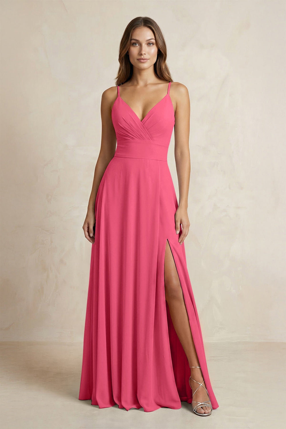 A - Line Cami Strap Chiffon Bridesmaid Dress With Slit in Fuchsia - KissProm Bridesmaid Dresses