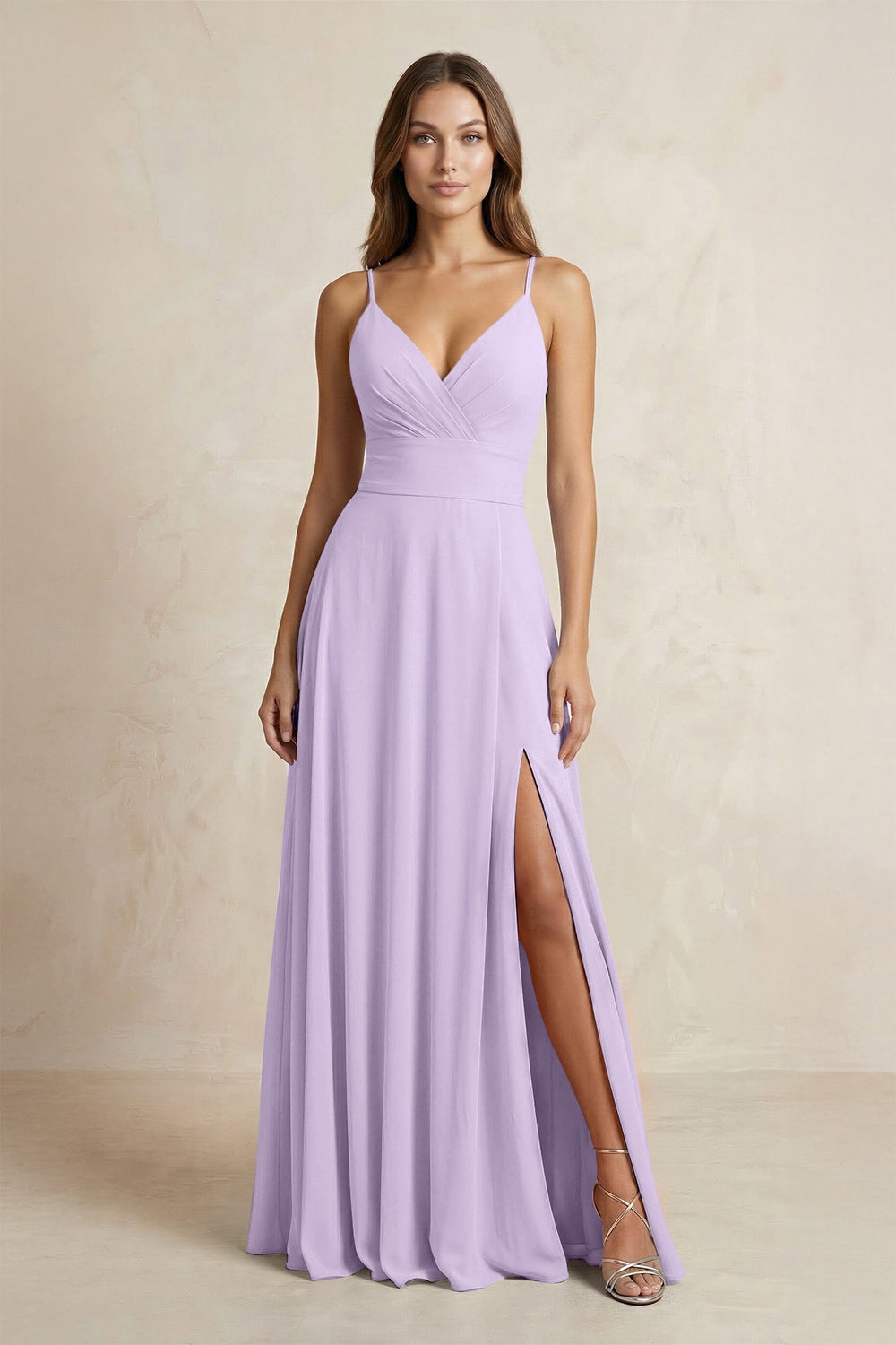 A - Line Cami Strap Chiffon Bridesmaid Dress With Slit in Lavender - KissProm Bridesmaid Dresses
