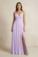 A - Line Cami Strap Chiffon Bridesmaid Dress With Slit in Lavender - KissProm Bridesmaid Dresses
