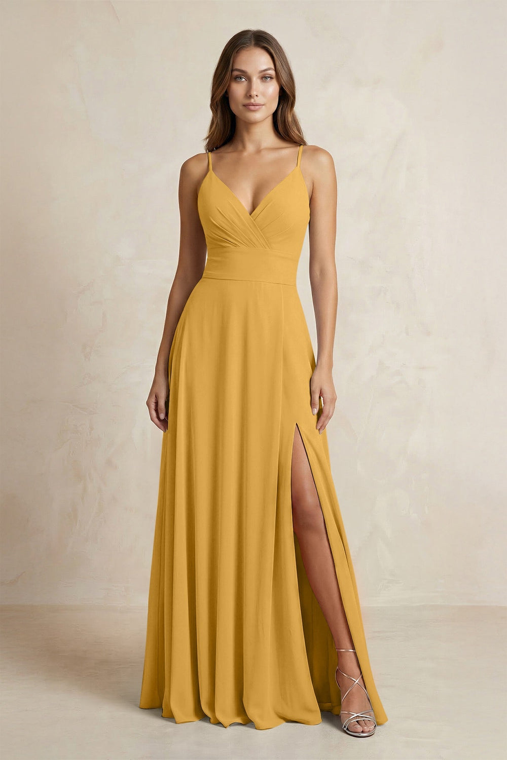 A - Line Cami Strap Chiffon Bridesmaid Dress With Slit in Marigold - KissProm Bridesmaid Dresses