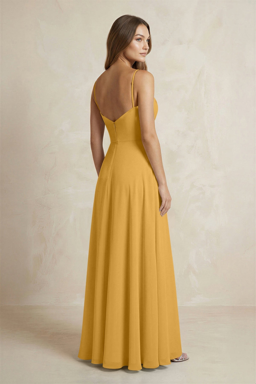 A - Line Cami Strap Chiffon Bridesmaid Dress With Slit in Marigold - KissProm Bridesmaid Dresses